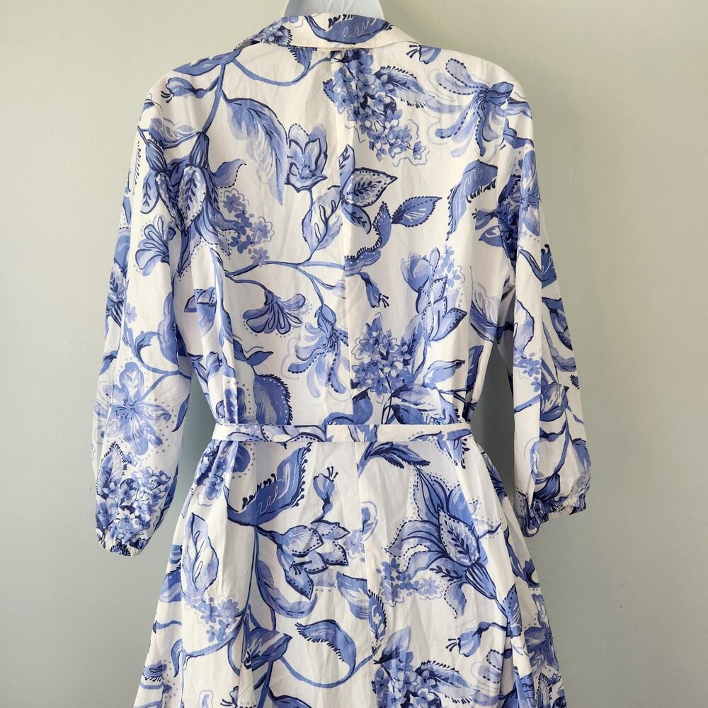 Cynthia Steffe Shirt Dress Women's L White Blue Floral Flared Coastal Nautical - Picture 7 of 16